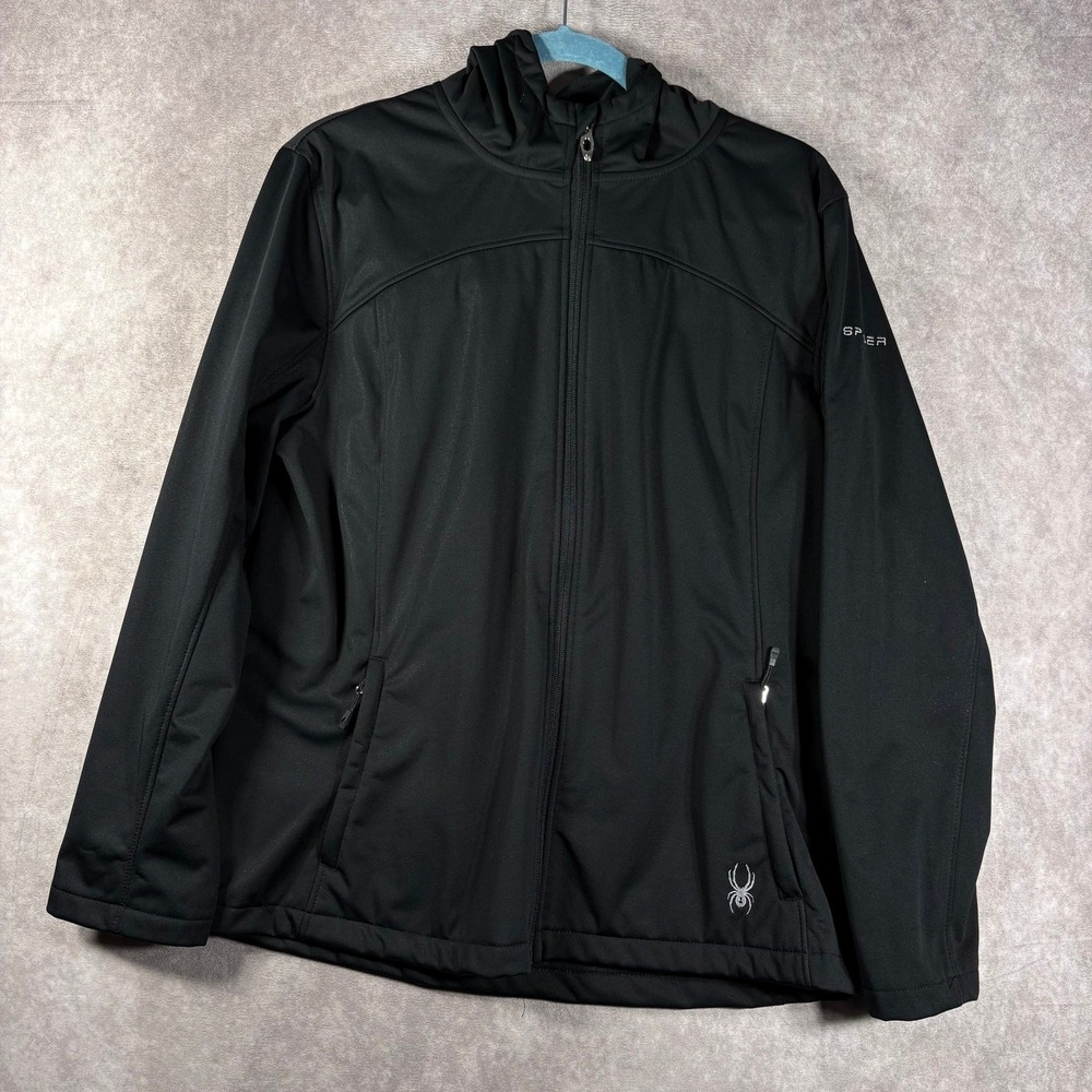 Spyder Alyce Hooded Softshell Jacket Womens Size XL Black Fleece Lined Full Zip
